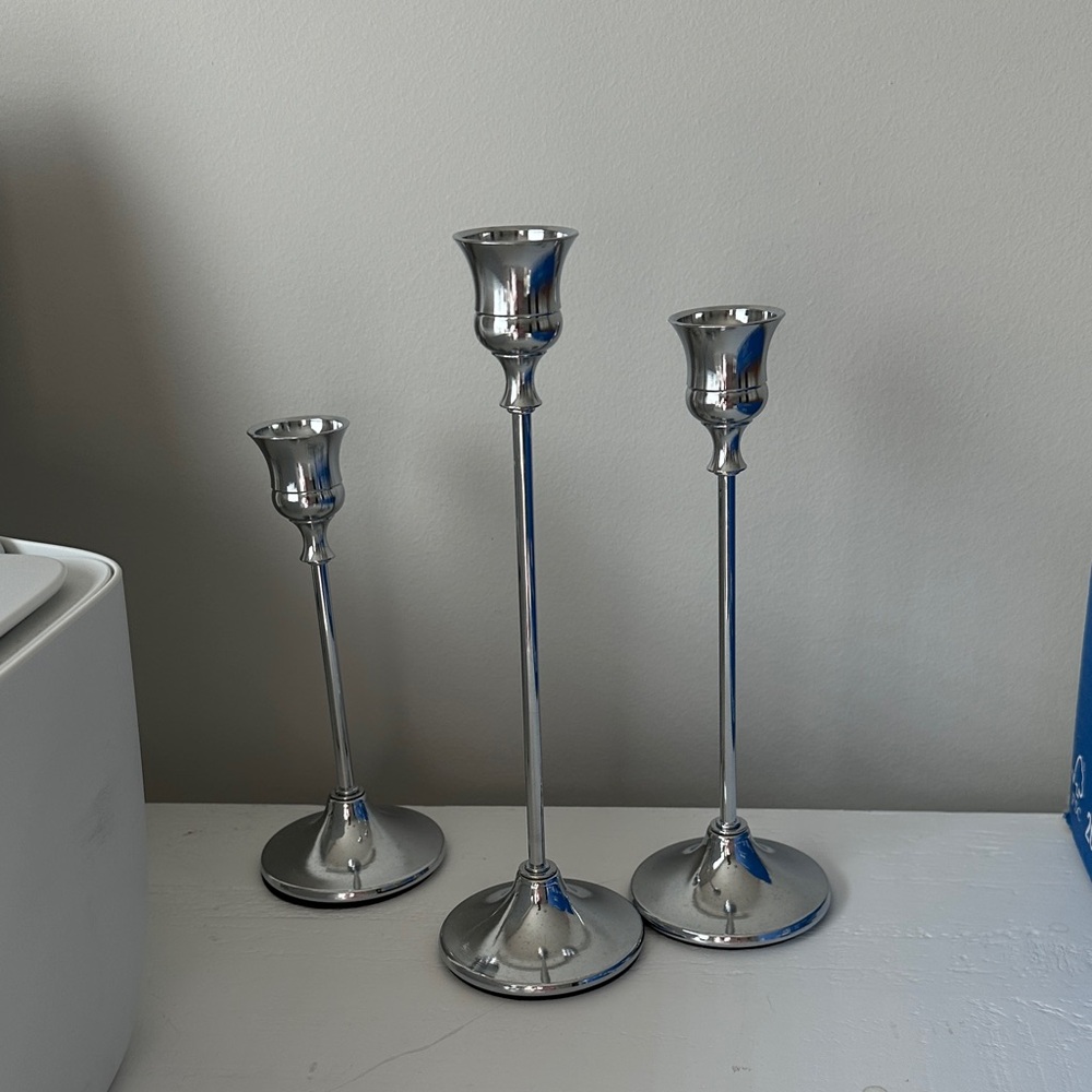Silver Metal Taper Candle Holders Set of 3
